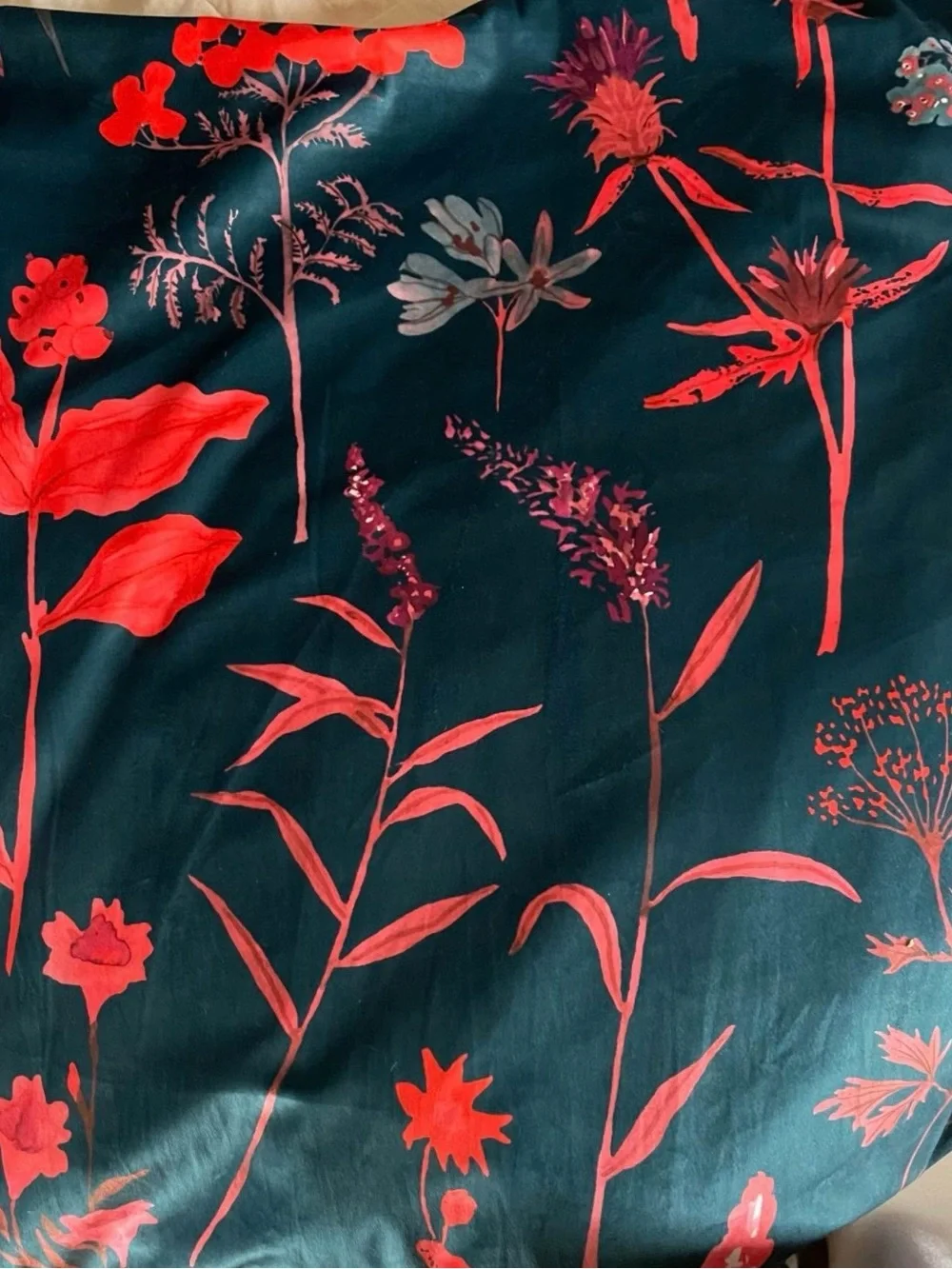 Anthropologie Teal Floral Curtain Panels with Coral Accents